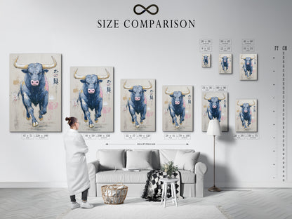 A size comparison chart for bull art in an interior setting. The available options include stretched canvas prints. We also have fine art poster paper and floating frames. The animal canvas is modern artwork.