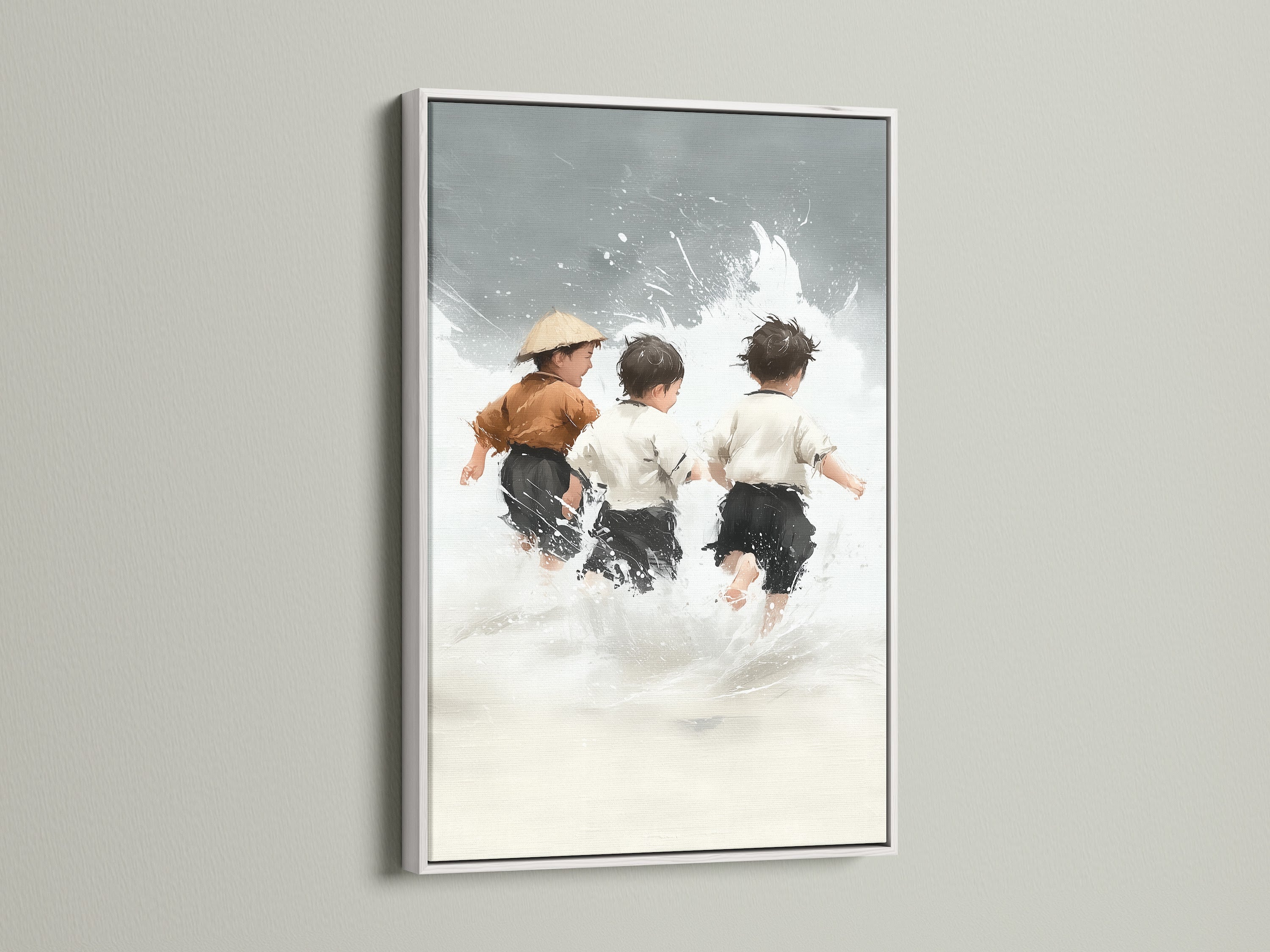 Children at Play artwork with a white frame. A clean and modern look for any space. This white frame highlights the beach canvas art. Perfect for nursery wall decor and kids' room art. The neutral tones of the artwork blend seamlessly. Add a touch of coastal charm to your home.