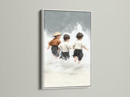 Children at Play artwork with a white frame. A clean and modern look for any space. This white frame highlights the beach canvas art. Perfect for nursery wall decor and kids' room art. The neutral tones of the artwork blend seamlessly. Add a touch of coastal charm to your home.