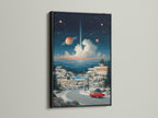 Surreal space landscape artwork with a black frame. This retro futuristic wall art offers a bold and stylish look. The cosmic village poster enhances office wall decor. Find planets canvas art for your space.