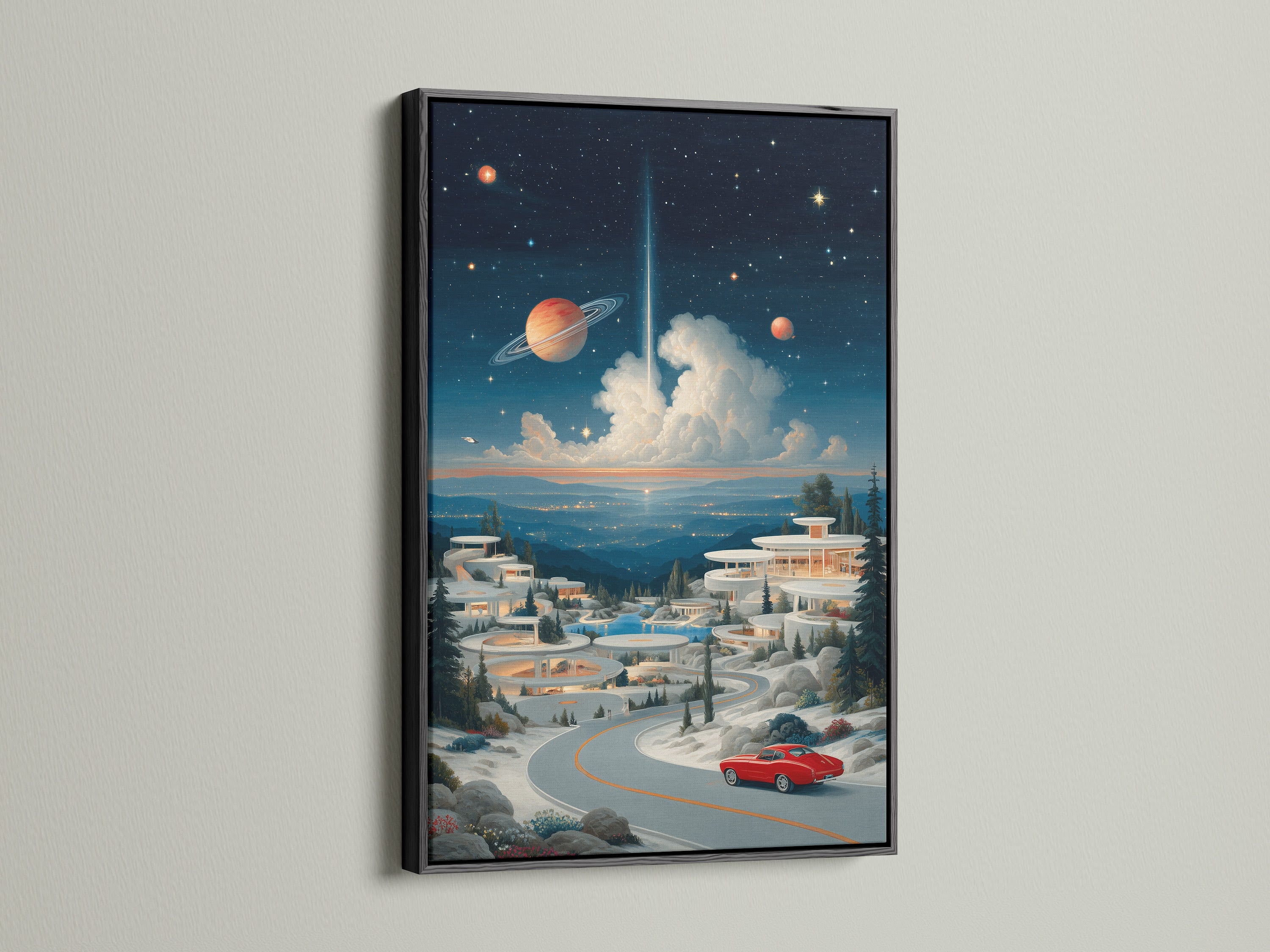 Surreal space landscape artwork with a black frame. This retro futuristic wall art offers a bold and stylish look. The cosmic village poster enhances office wall decor. Find planets canvas art for your space.