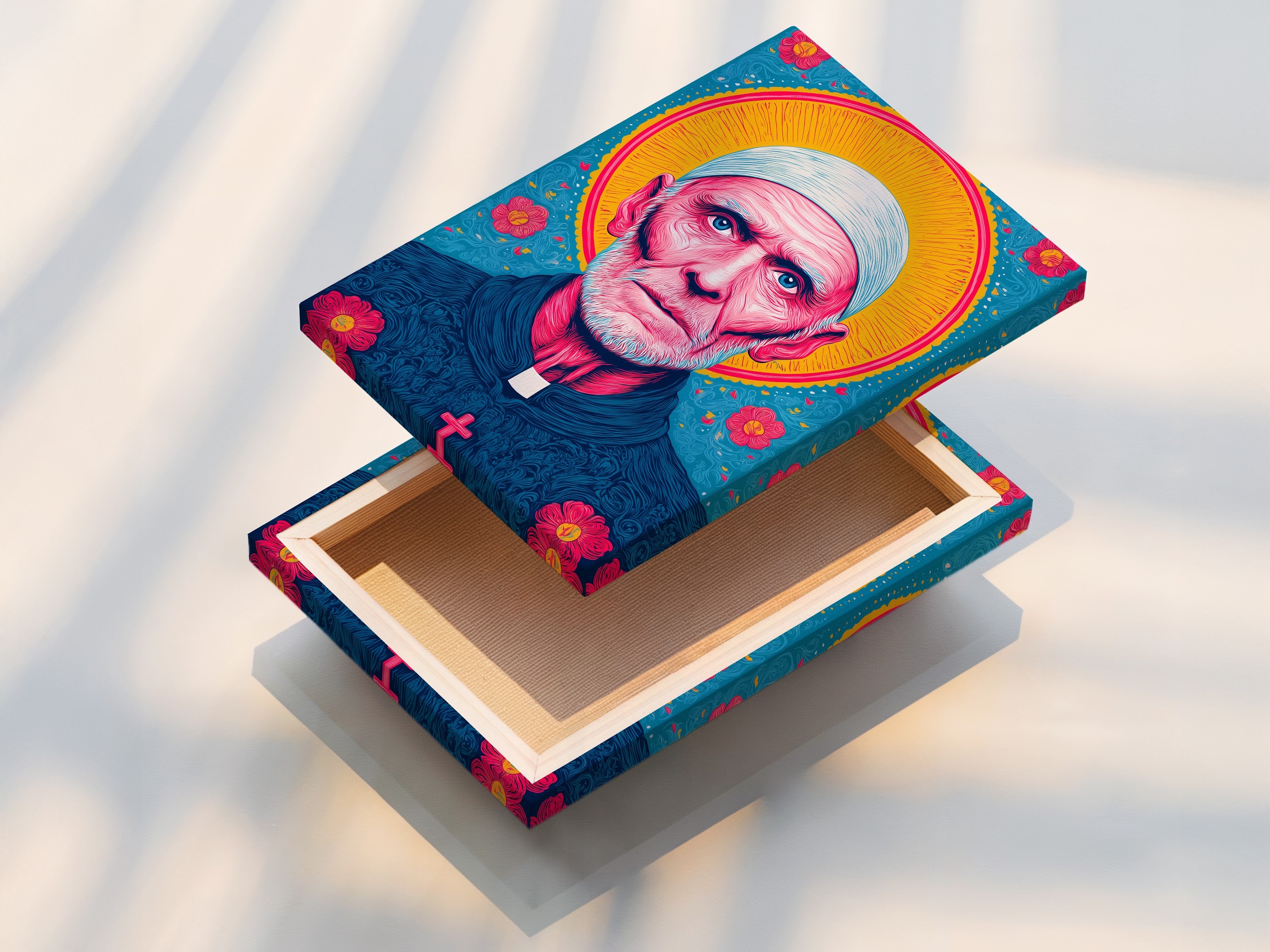 This depicts a stretched canvas print of the vibrant priest portrait. The stretched canvas provides a ready-to-hang religious art option. Perfect for adding a touch of faith to any space. The vibrant print ensures the colorful artwork stands out. Ideal for church office decor or home accents.