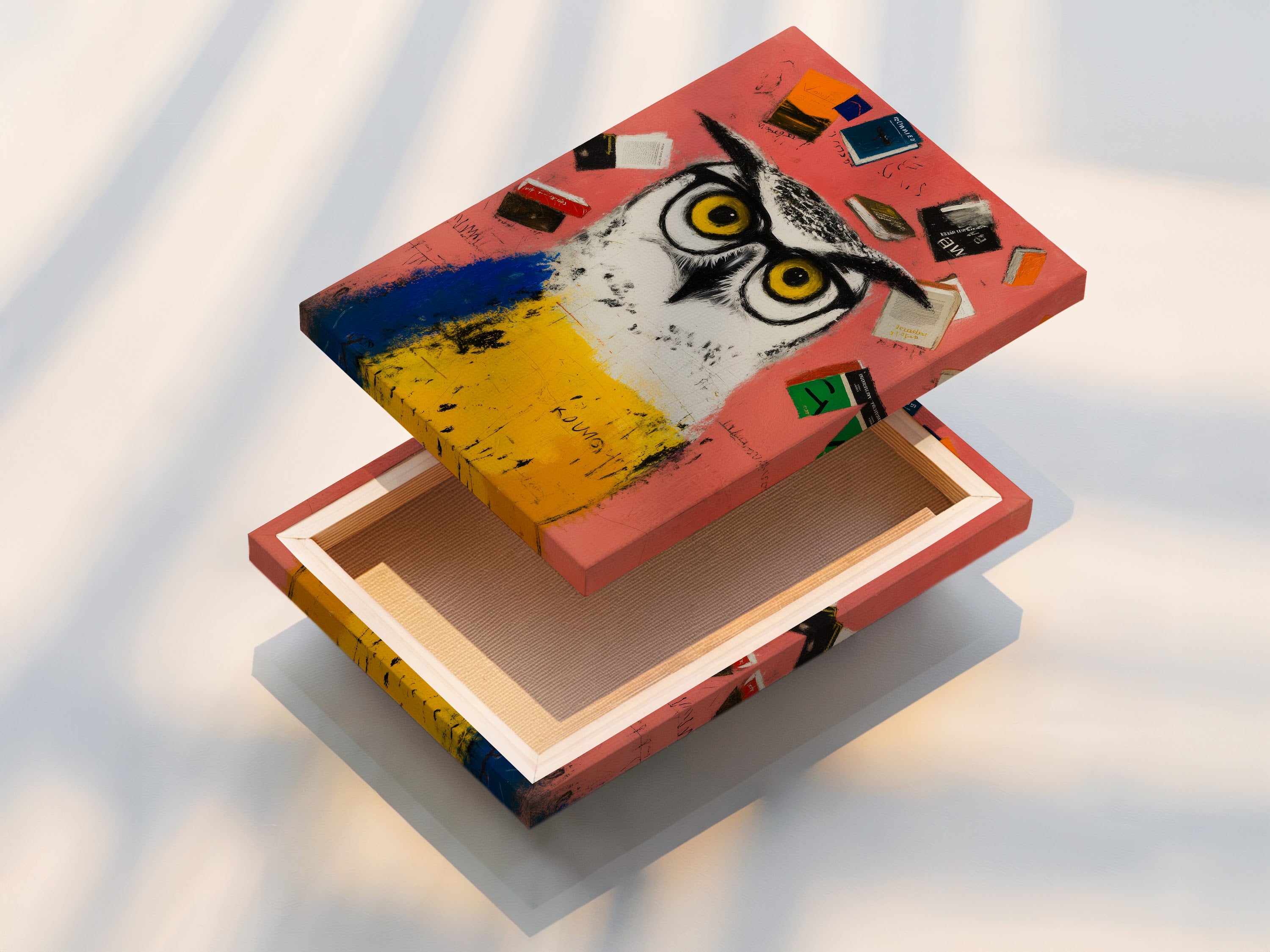 A stretched canvas print featuring the Scholarly Owl artwork. This whimsical animal wall art is ready to hang. Perfect for study room decor or a student gift. The stretched canvas provides a professional and clean look. Add this quirky piece to your home or office.