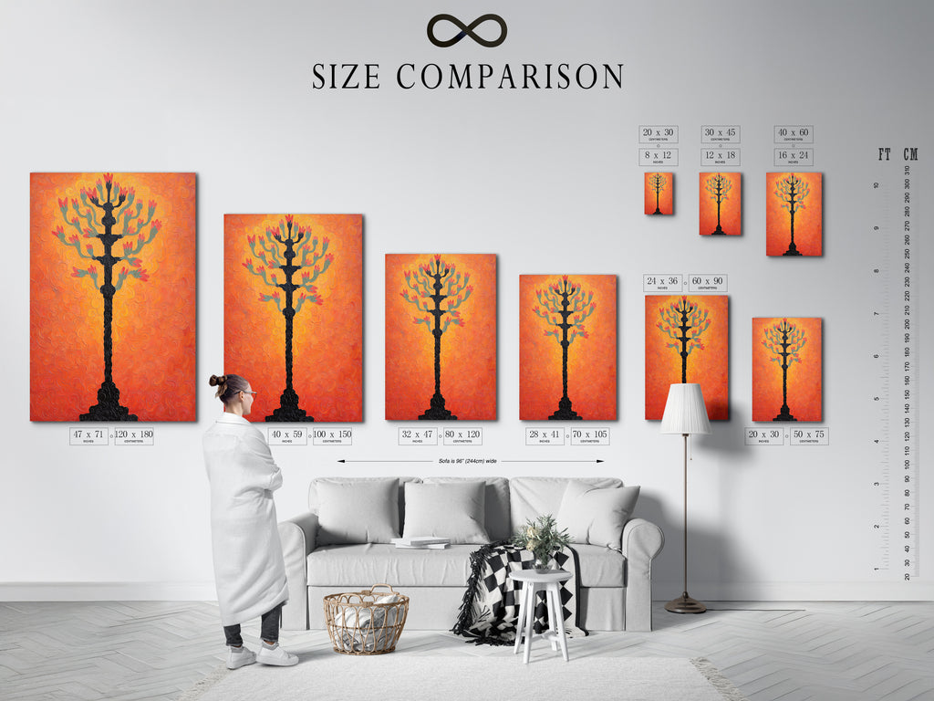 A size comparison chart displayed in a modern interior setting. This chart shows the botanical tree artwork with a textured coral wall art background. Visualize the perfect fit for your space. Find the ideal size for your floral art print.