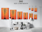 A size comparison chart displayed in a modern interior setting. This chart shows the botanical tree artwork with a textured coral wall art background. Visualize the perfect fit for your space. Find the ideal size for your floral art print.