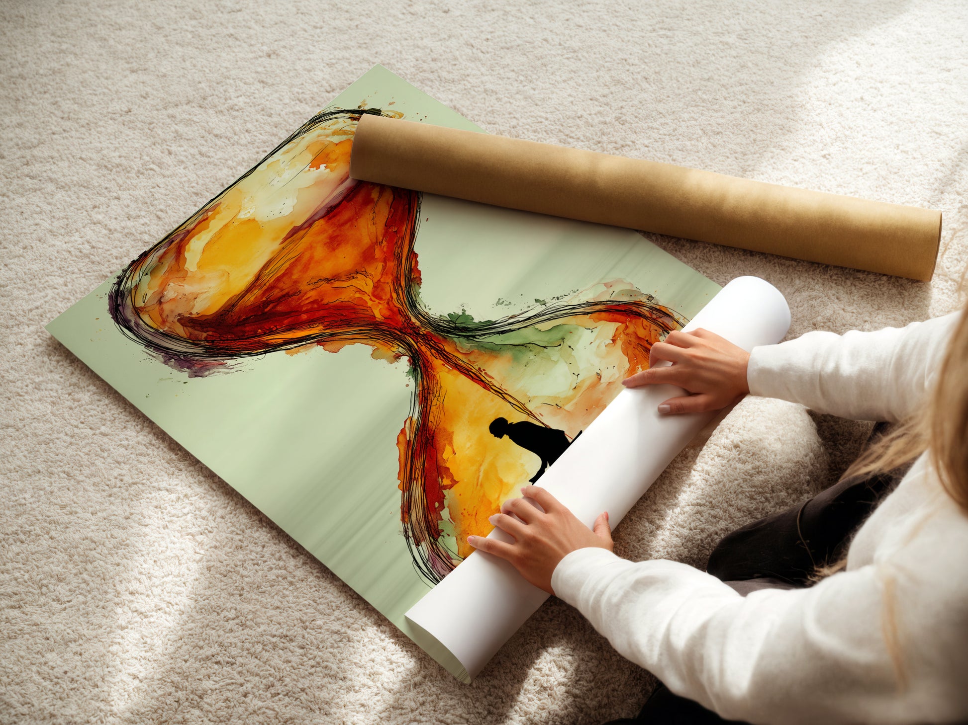 A woman is carefully rolling a fine art poster paper of the 'Hourglass' artwork. This modern cyclist art piece is ready for framing. The abstract sienna artwork will add elegance to any interior. Perfect for wall art collectors or as a thoughtful cyclist gift for art lovers.