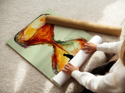 A woman is carefully rolling a fine art poster paper of the 'Hourglass' artwork. This modern cyclist art piece is ready for framing. The abstract sienna artwork will add elegance to any interior. Perfect for wall art collectors or as a thoughtful cyclist gift for art lovers.