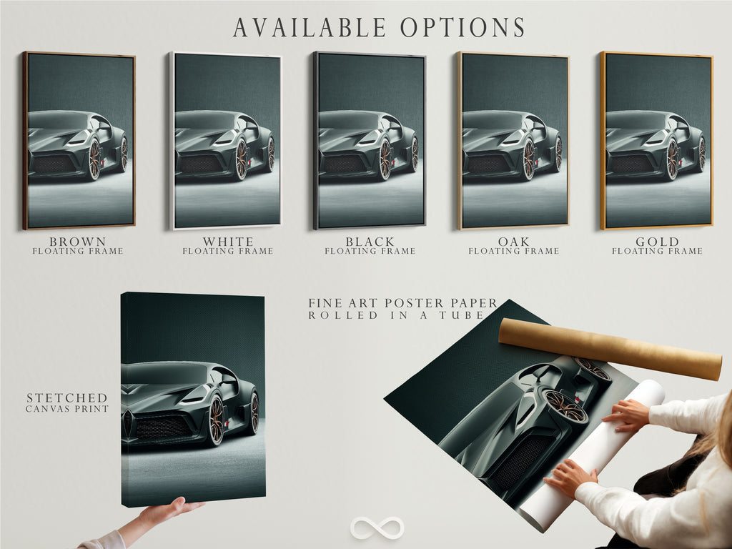 Available options include stretched canvas print fine art poster paper and floating frame. Choose the perfect format for your luxury sports car artwork. Customize your modern automotive wall art today.