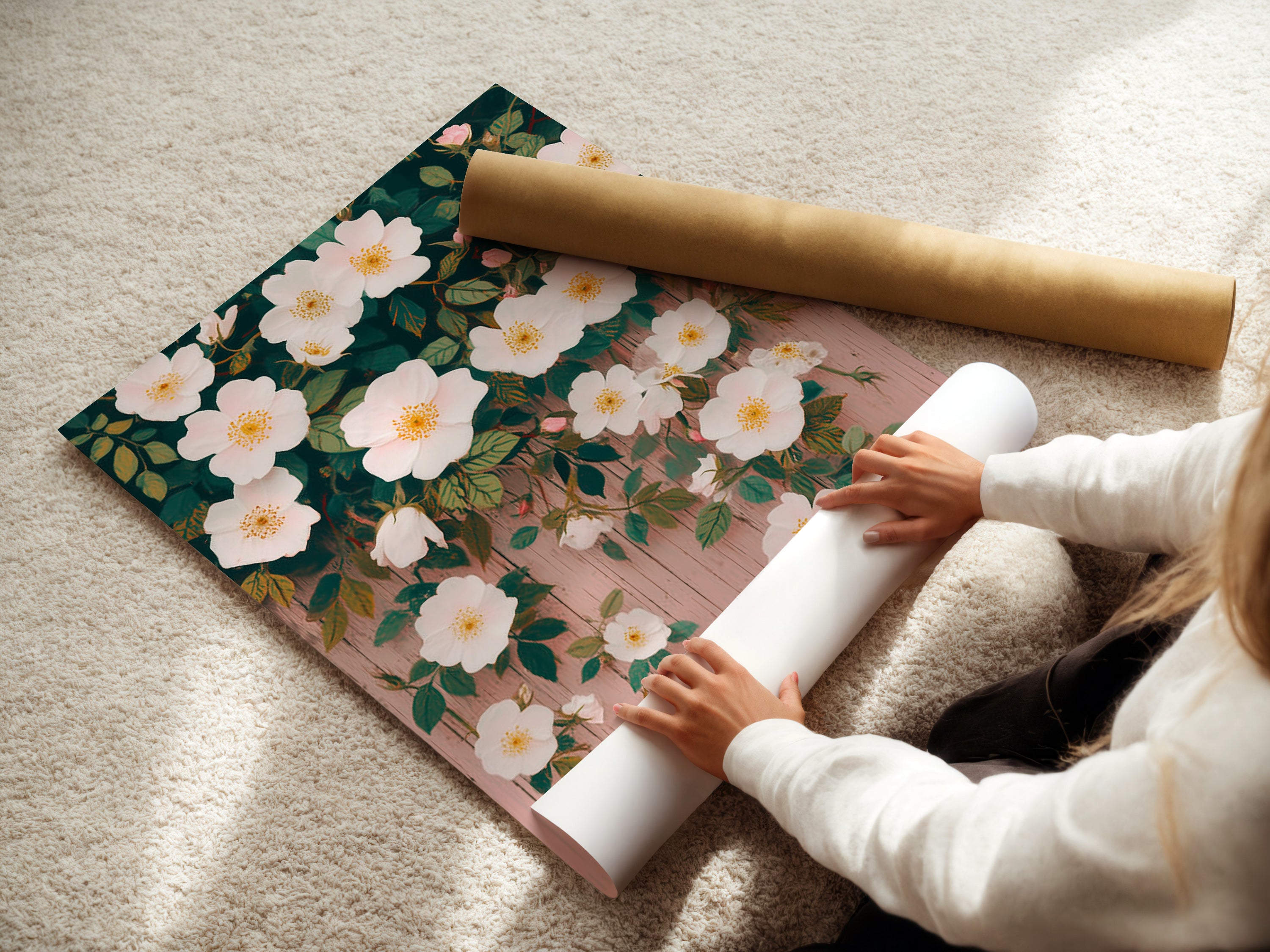 A woman is carefully rolling a fine art poster paper. The paper features a beautiful floral artwork. The poster showcases white flowers and botanical details. This fine art poster is perfect for framing. Enhance your home with floral charm. The ideal cottagecore decor.