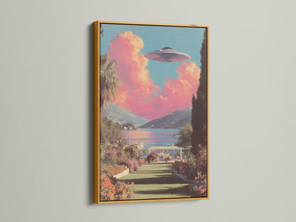 Showcase your style with this space wall art in a gold frame. It is suited for boardrooms. The vintage UFO print is a conversation starter. It also enhances studio decor. The primary color is pink. The secondary color is blue. This art print is a surreal landscape.