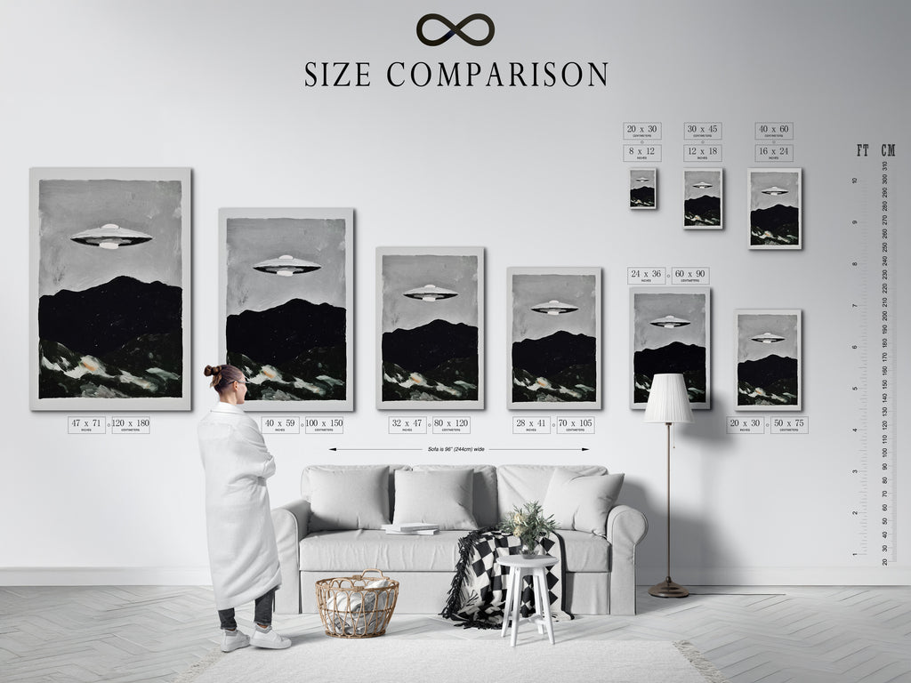 Size comparison chart in an interior setting. This chart shows the available sizes for the UFO Sci-Fi art print. Perfect for planning your space wall decor. Find the perfect size for your office wall art.