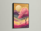 Japanese Cherry Blossom artwork is displayed in a black frame. The artwork features a pink sunset mountain landscape. It provides zen wall decor for any bedroom. The art is a striking contrast. A modern touch to any room.