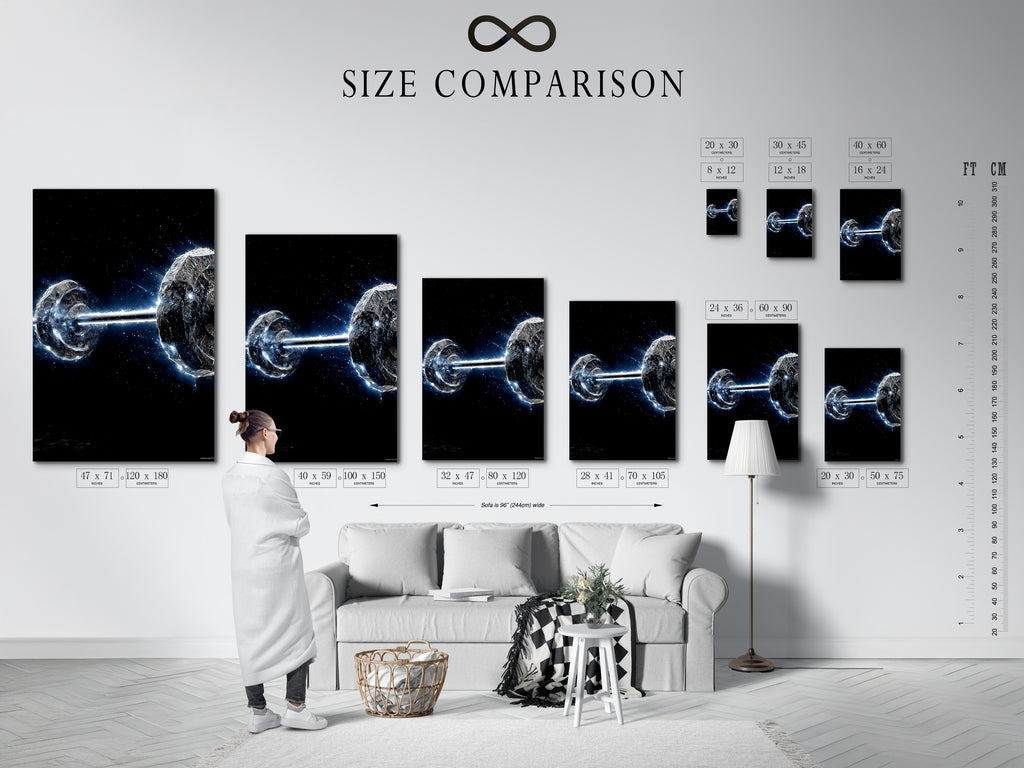 Size comparison chart in an interior setting. See how Cosmic Collision artwork fits your space. Multiple sizes are available to suit any room. Visualize the perfect fit for your modern wall decor. Choose the ideal dimensions for your space art.