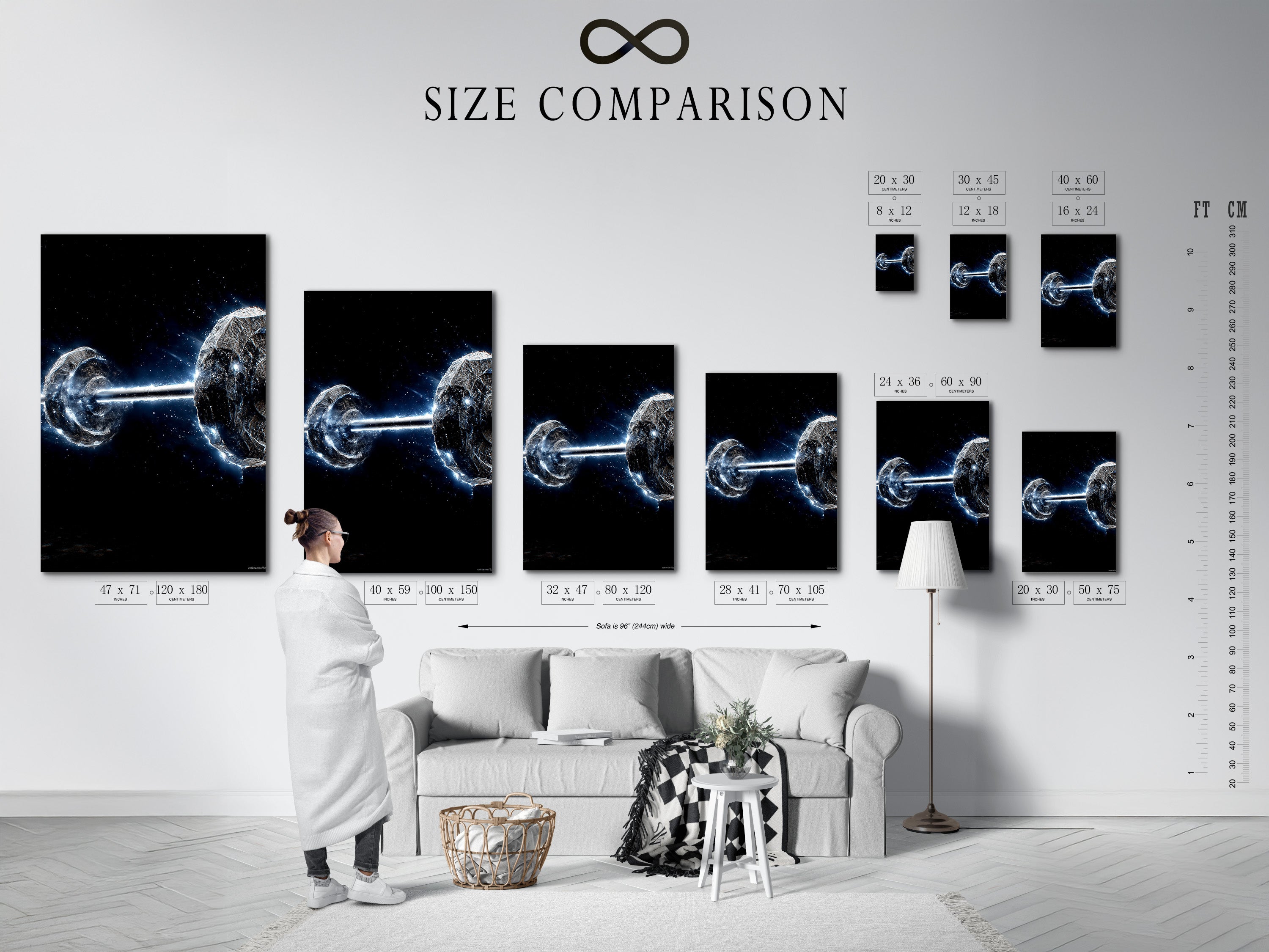Size comparison chart in an interior setting. See how Cosmic Collision artwork fits your space. Multiple sizes are available to suit any room. Visualize the perfect fit for your modern wall decor. Choose the ideal dimensions for your space art.