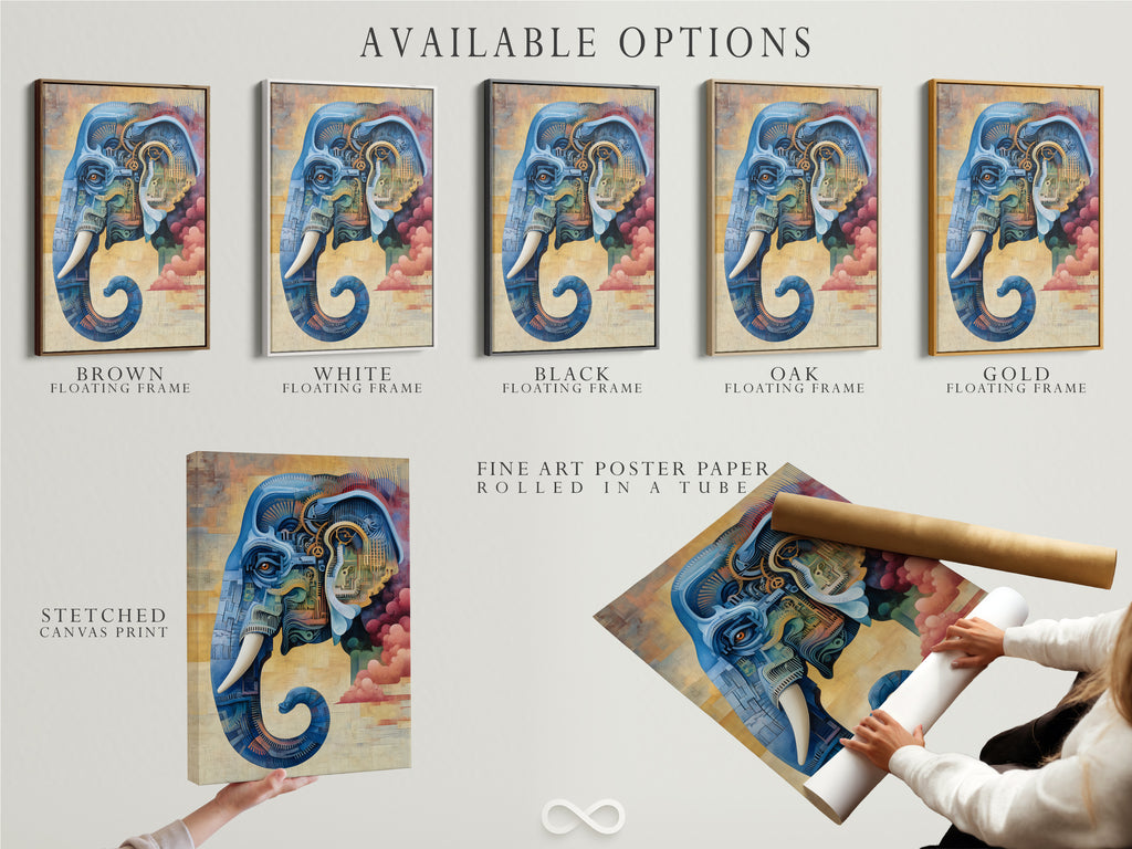 Available options include stretched canvas print fine art poster paper and floating frame. The steampunk elephant artwork is a mechanical animal. The blue and pink industrial artwork offers versatile display choices. Find the perfect option for your space.