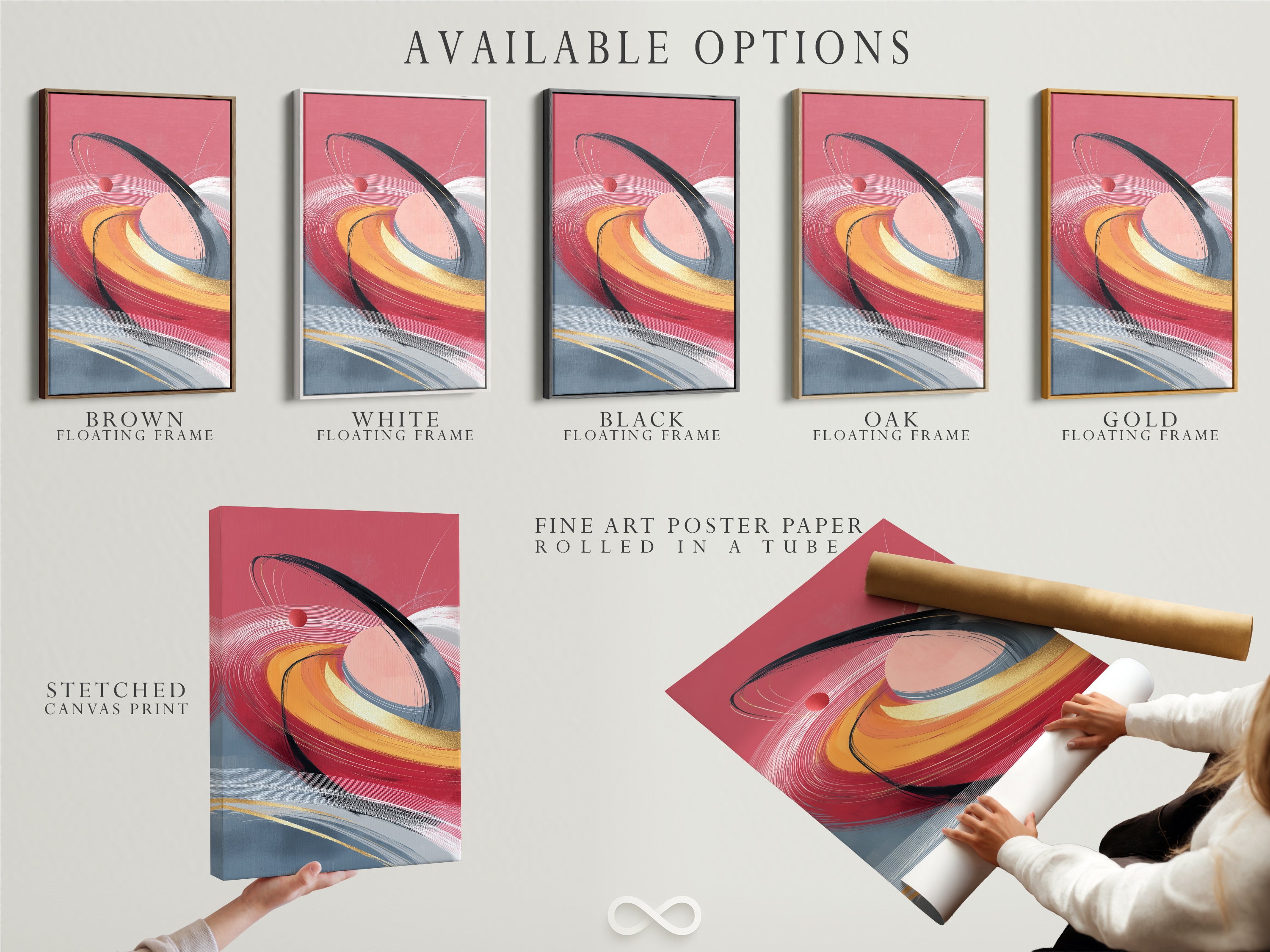 Explore available options for your artwork. Choose between stretched canvas prints fine art poster paper and floating frames. Customize your abstract swirl art with coral pink and gold accents for a unique look.