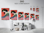 A size comparison chart showcases a retro penguin artwork in an interior setting. This cool animal print offers various sizes to fit any space. Perfect for kids room decor or creating a playful gallery wall. The quirky bird art with sunglasses against a red backdrop adds a fun touch to any room. Choose the perfect size for your modern animal art.