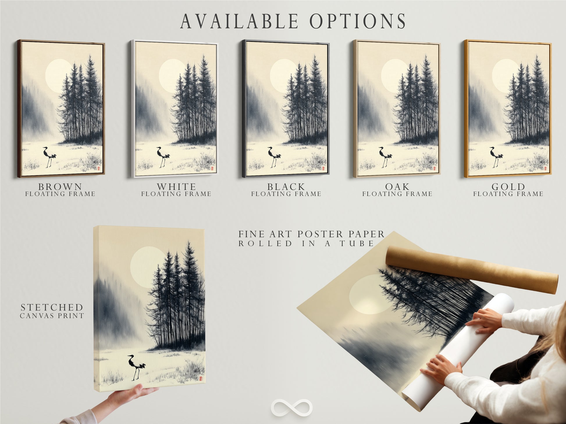 Explore the available options for this crane Japanese ink wash art. Choose from a stretched canvas print fine art poster paper or floating frame. Customize your artwork to perfectly match your style. This winter forest artwork is a versatile addition to any home or office. Create a serene atmosphere.