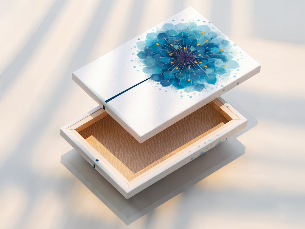 The stretched canvas print displays the blue dandelion artwork vividly. The colors are rich and vibrant. The texture adds depth to the flower artwork. Transform your living space with this botanical wall art.