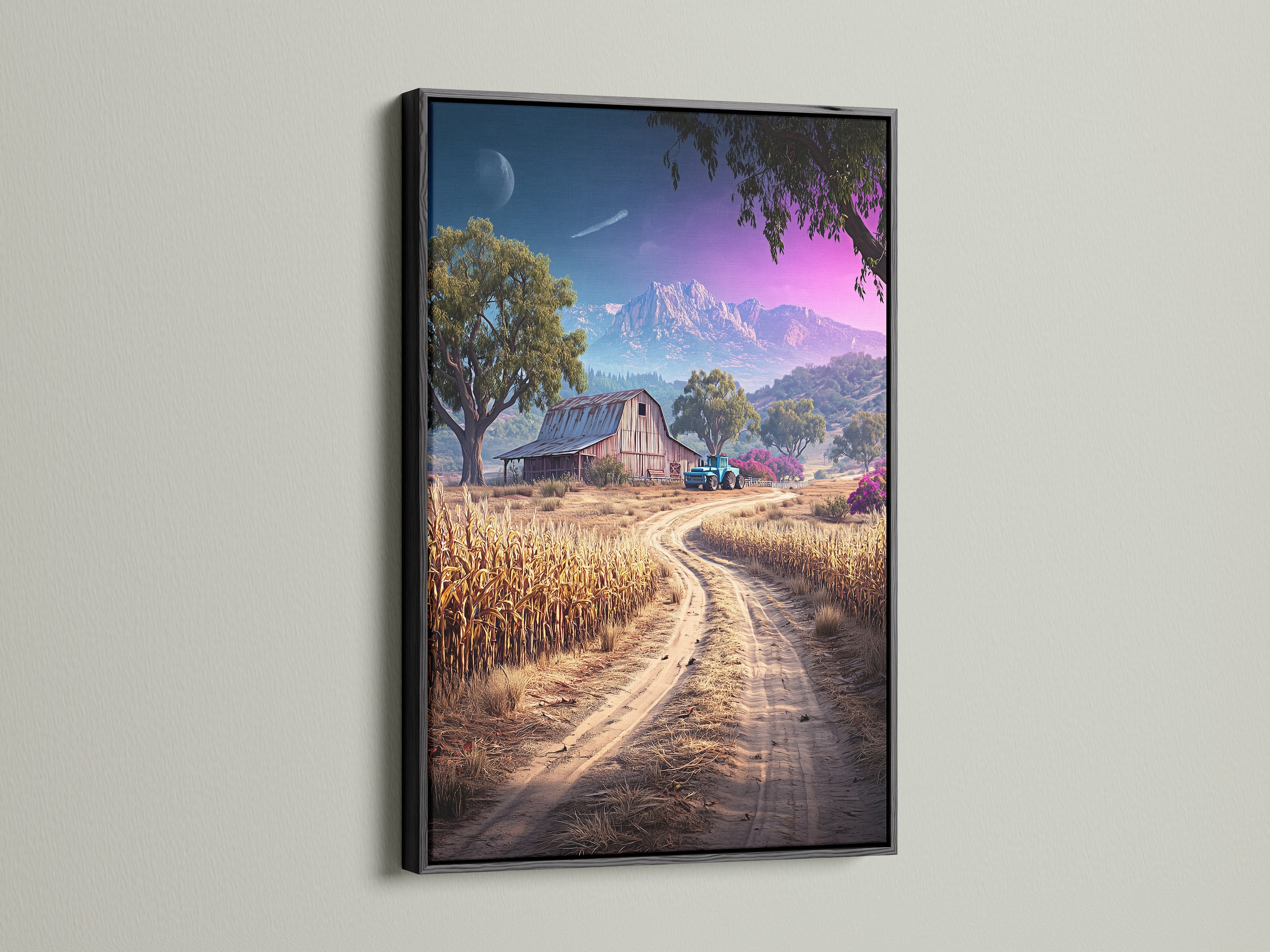 Farm Landscape artwork in a black frame. This art features a rustic barn and a vibrant countryside scene. The farmhouse art adds a touch of vintage charm to any space. The barn canvas print is perfect for a dining room or living room. Enhance your home with this country wall art.