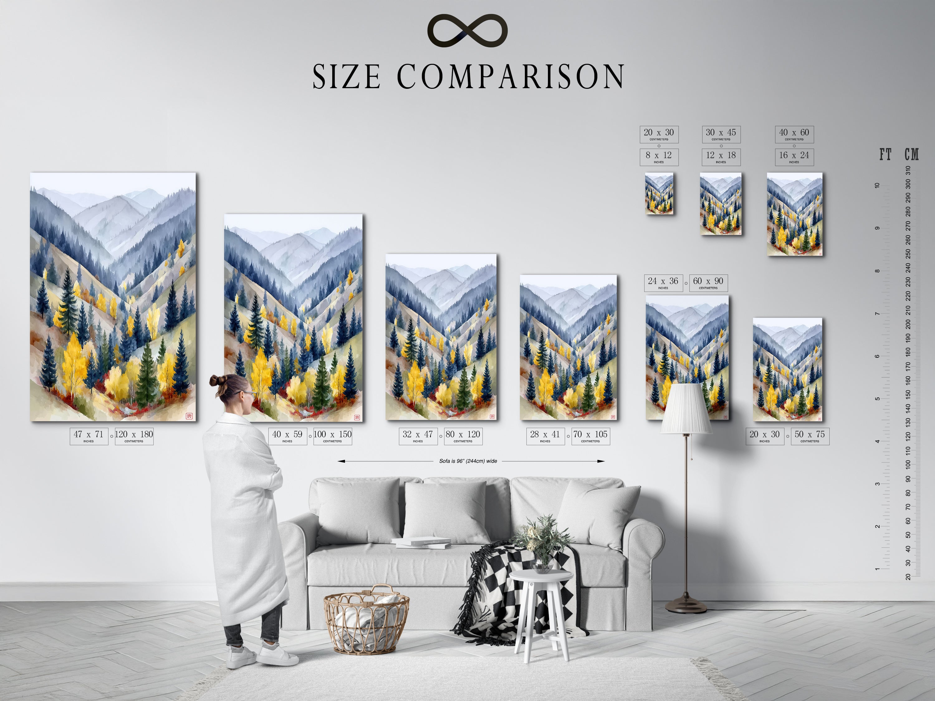 Compare sizes with our interior chart. See how this mountain valley artwork fits in different spaces. Visualize the impact of our nature wall art on your decor. Choose the perfect size for your living room bedroom or office. Get inspired today.