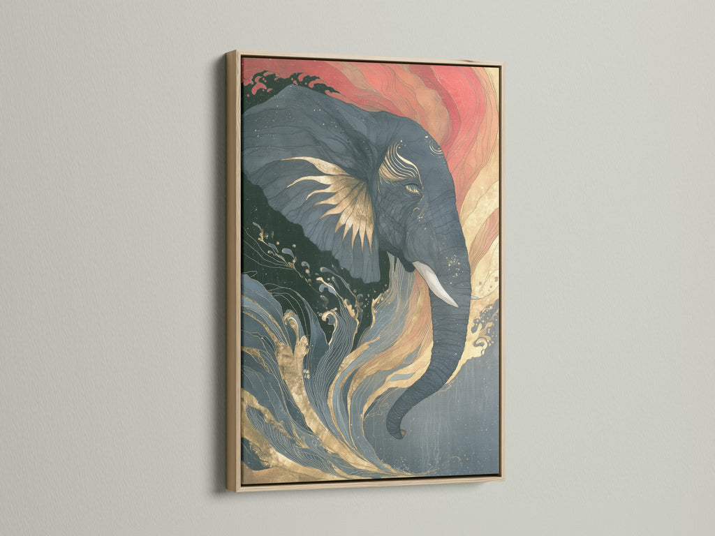 Elephant canvas print featuring Japanese wave art in an oak frame. The animal wildlife poster is ideal for bedroom decor. The artwork showcases coral pink and teal colors. An Asian-inspired art piece.