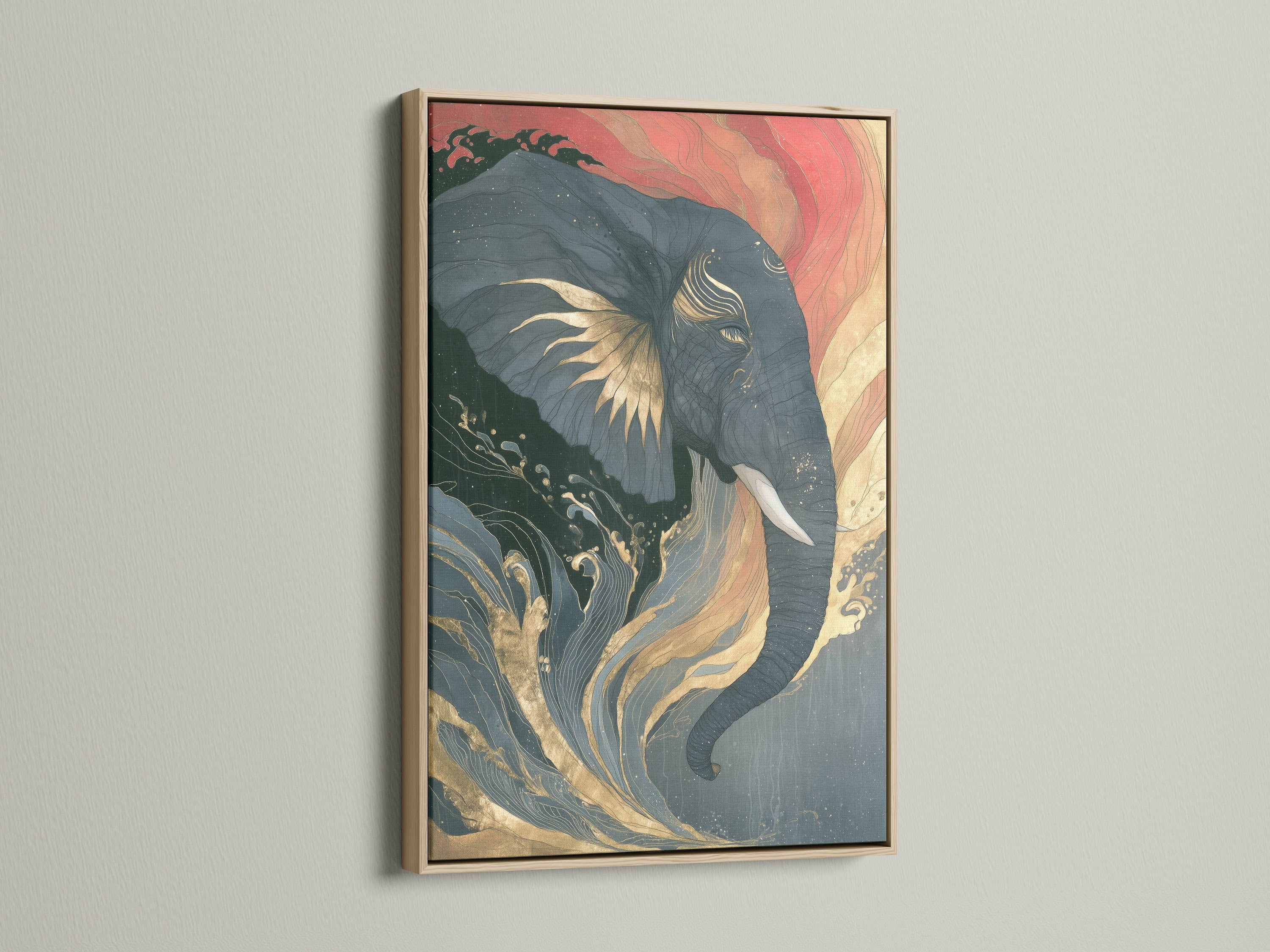 Elephant canvas print featuring Japanese wave art in an oak frame. The animal wildlife poster is ideal for bedroom decor. The artwork showcases coral pink and teal colors. An Asian-inspired art piece.
