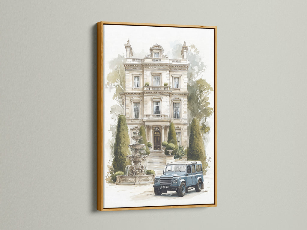 Vintage Anwesen mit Oldtimer - Aquarell Architektur Kunstdruck, Europäische Villa Wanddekoration, Traditioneller Wohndruck