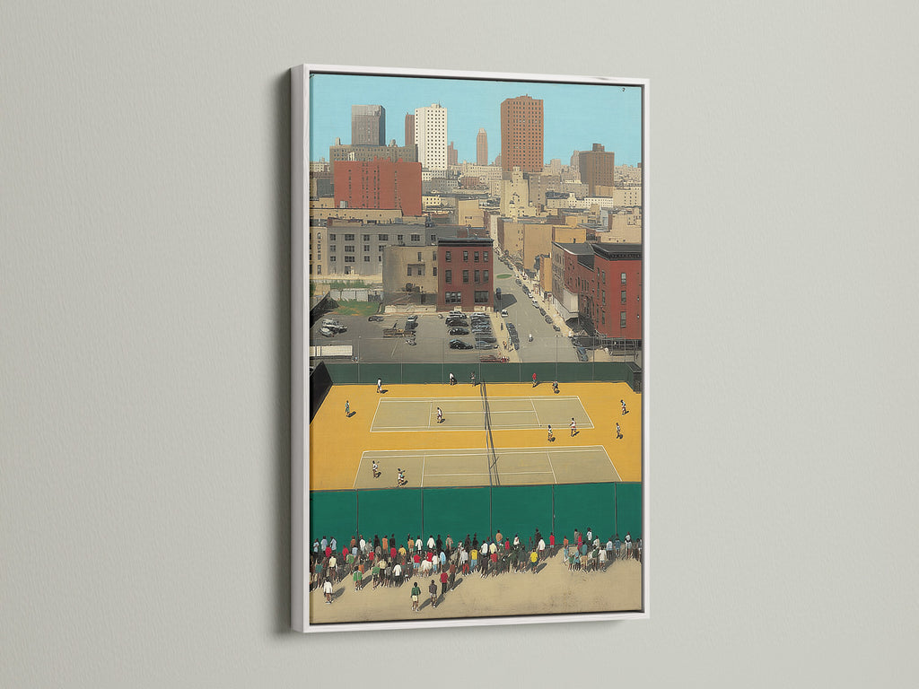 The Urban Tennis Court artwork with a white frame is displayed. This frame accentuates the artwork's vibrant colors. The city sports print complements urban interiors. This retro athletic art is great for office wall art. It fits any style.
