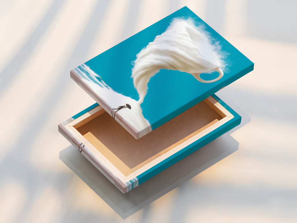 Experience the beauty of a stretched canvas print featuring a surreal coffee cup storm. The turquoise sky and fantasy beach art create a modern coastal aesthetic. This imaginative artwork enhances any living space. Perfect for adding a unique touch to your home decor.