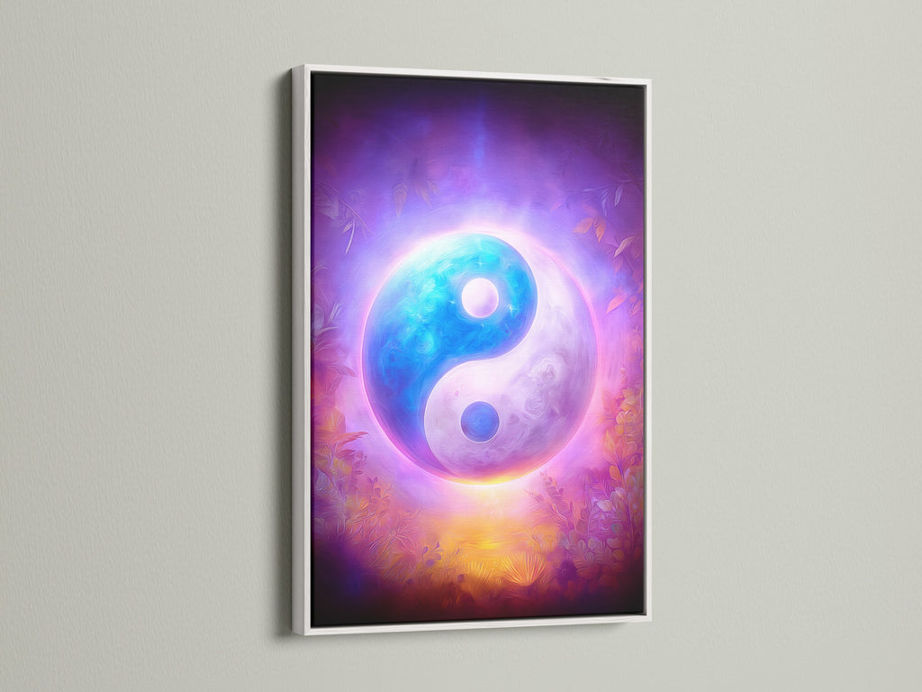 Yin Yang artwork is displayed within a white frame. The cosmic purple and blue tones enhance this spiritual piece. This zen decor promotes balance and mindfulness. Ideal for a serene bedroom or meditation space. Elevate your wall art with this option.