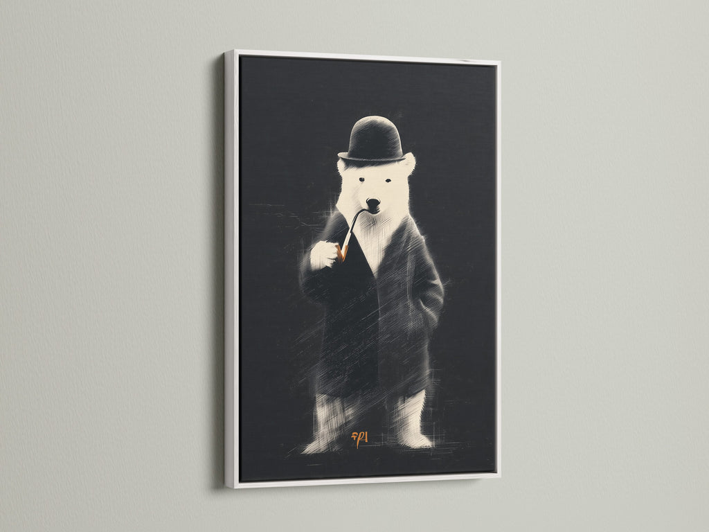 The image features a white frame. The artwork inside is a bear in a suit. A white frame offers a clean modern look. It's an excellent option for various art styles and decor.