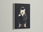 The image features a white frame. The artwork inside is a bear in a suit. A white frame offers a clean modern look. It's an excellent option for various art styles and decor.