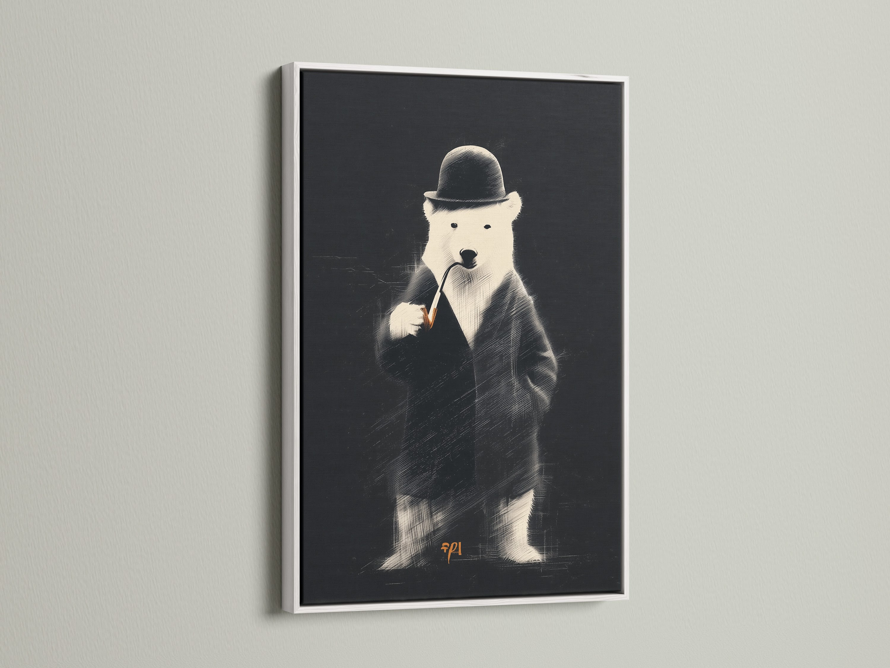The image features a white frame. The artwork inside is a bear in a suit. A white frame offers a clean modern look. It's an excellent option for various art styles and decor.