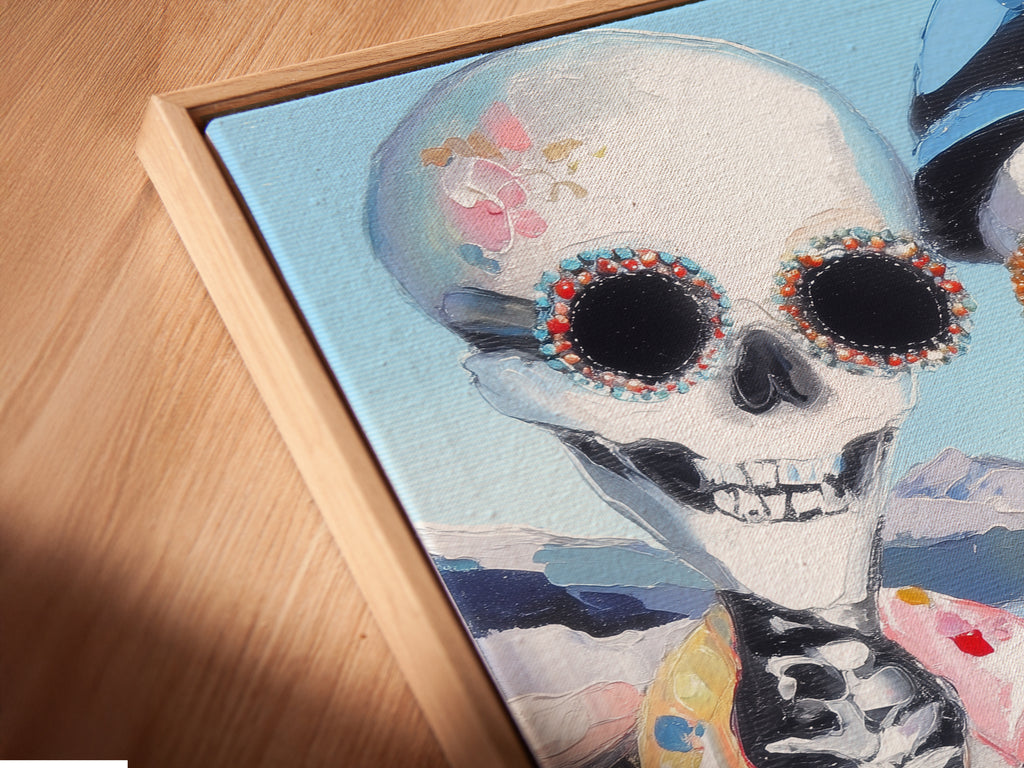 Close-up of a canvas print in a floating frame. The angle highlights the texture and details of the gothic decor. This Dia de los Muertos artwork adds depth and interest to any wall. Perfect for art lovers.
