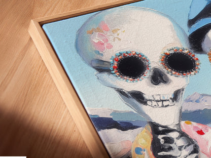 Close-up of a canvas print in a floating frame. The angle highlights the texture and details of the gothic decor. This Dia de los Muertos artwork adds depth and interest to any wall. Perfect for art lovers.