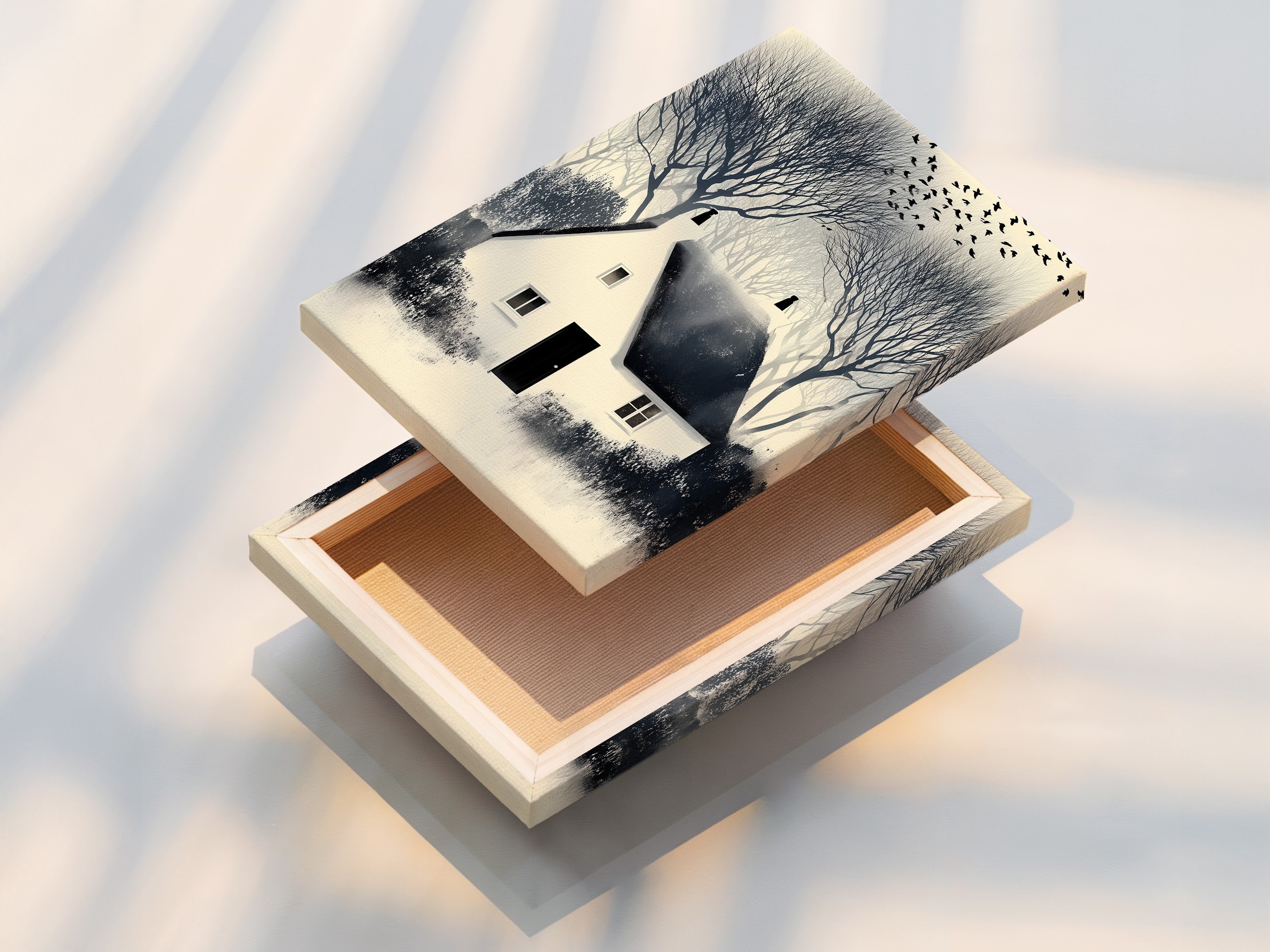 Close up of a stretched canvas print of the Winter Cottage artwork. This neutral tone farmhouse wall decor is ready to hang. The stretched canvas offers a gallery-quality look for your living room or study room.