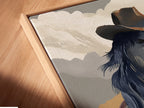 Angled close-up of a canvas print in a floating frame. The cowboy horse art appears suspended adding a modern touch. Perfect for southwestern wall decor or adding a unique piece to your art collection. This western canvas is a conversation starter.