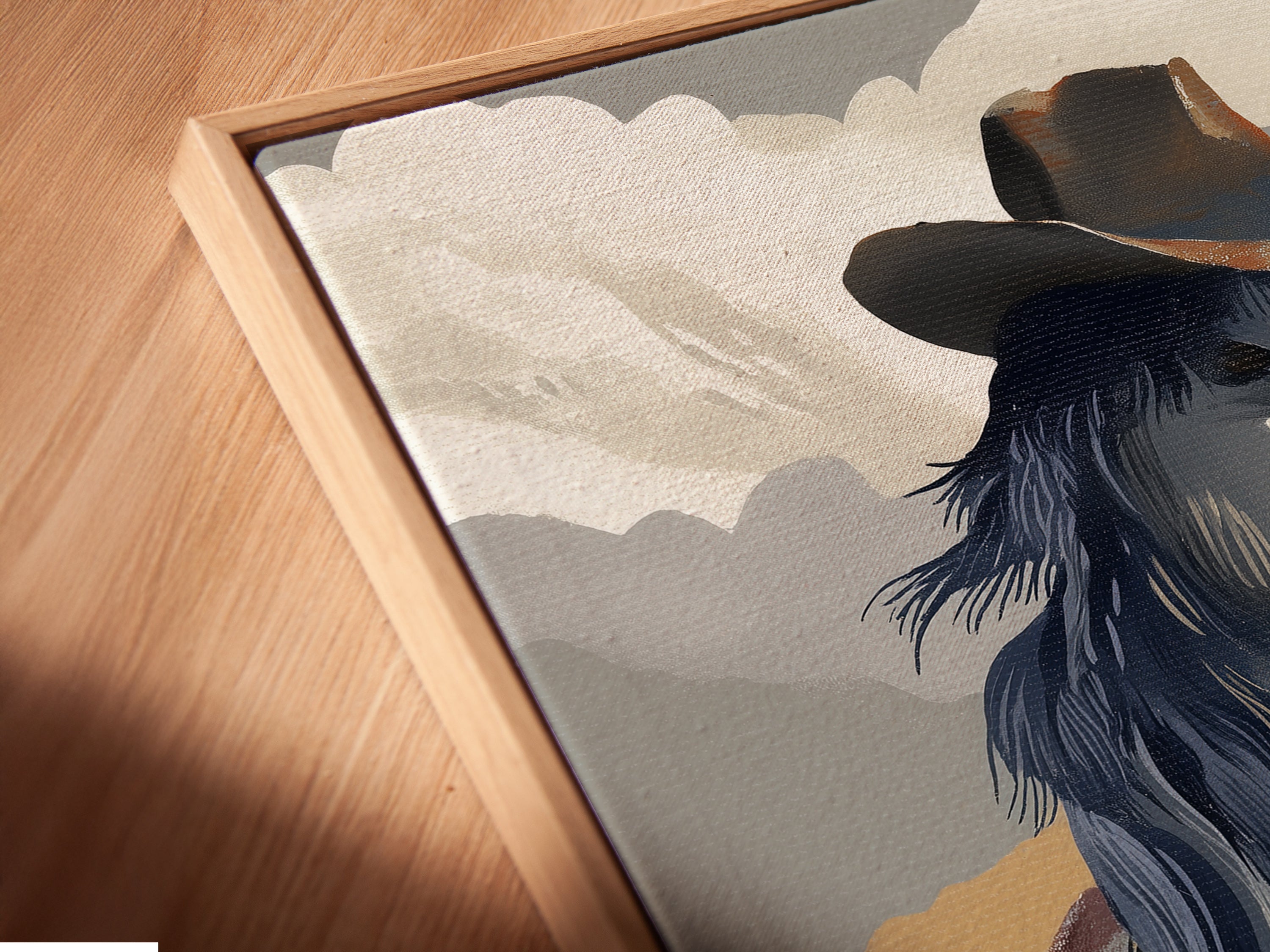 Angled close-up of a canvas print in a floating frame. The cowboy horse art appears suspended adding a modern touch. Perfect for southwestern wall decor or adding a unique piece to your art collection. This western canvas is a conversation starter.