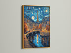 Artwork with a gold frame hanging on a white wall. The art piece is a night scene with the Eiffel Tower in Paris. The artwork is reflecting on the water. The gold frame gives a luxurious look. This is a beautiful piece to add to your art collection.