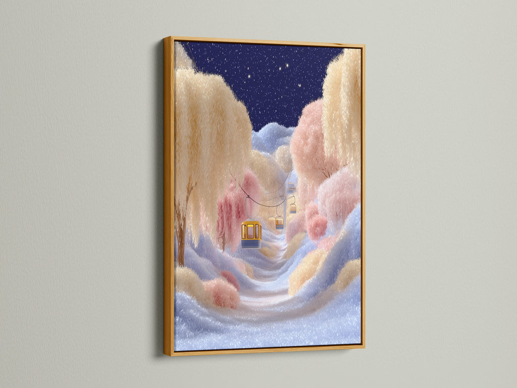 Dreamy Cloud Landscape Art in a gold frame. The gold frame adds a touch of luxury. This whimsical decor brings a surreal feel to your space. This artwork is perfect for a fantasy landscape.