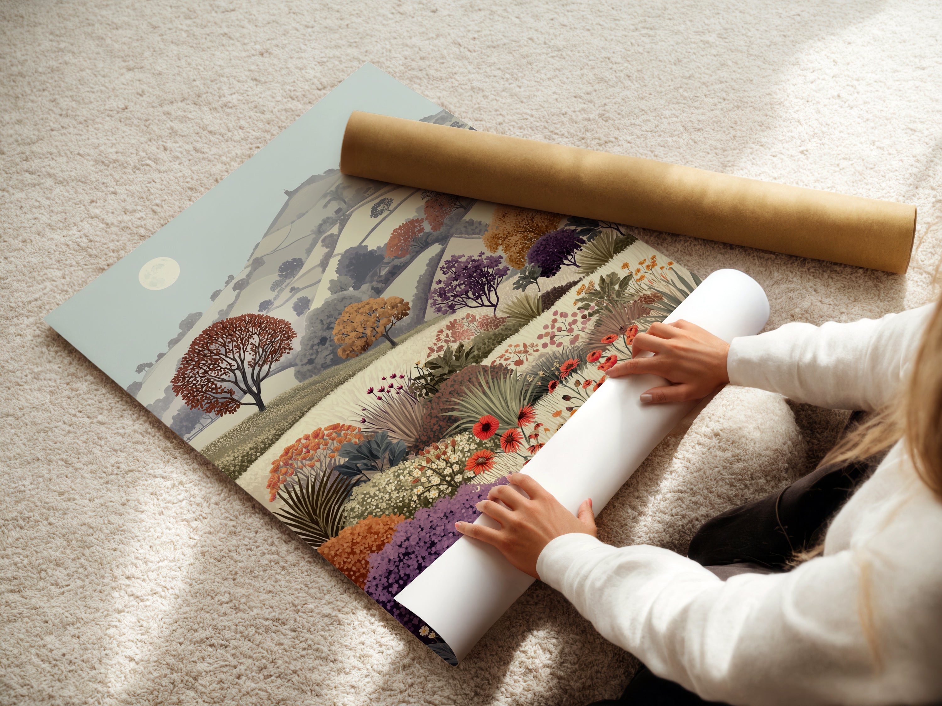 A woman rolling a fine art poster paper. The paper features Floral Meadow artwork. The vintage landscape shows a flower field and countryside scenery. This botanical artwork brings rural charm. The pastel colors and wildflower prints create a serene cottagecore ambiance. It's ideal for study wall decor