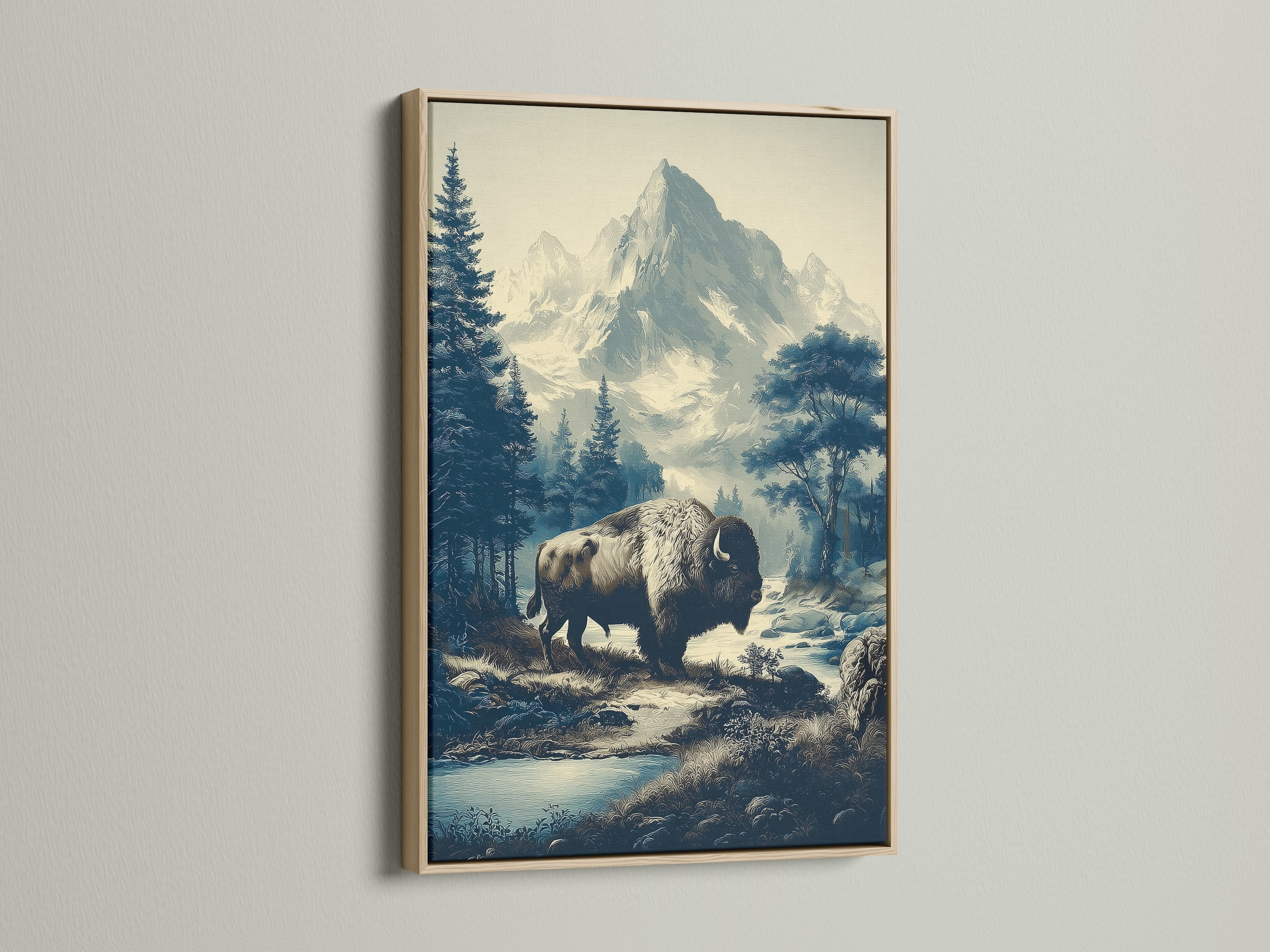Buffalo Mountain Art with oak frame. The mountain landscape and western wildlife art is a vintage nature print. It provides rustic cabin decor. Enhance your living space with bison canvas art. This artwork is perfect for rustic wall decor.
