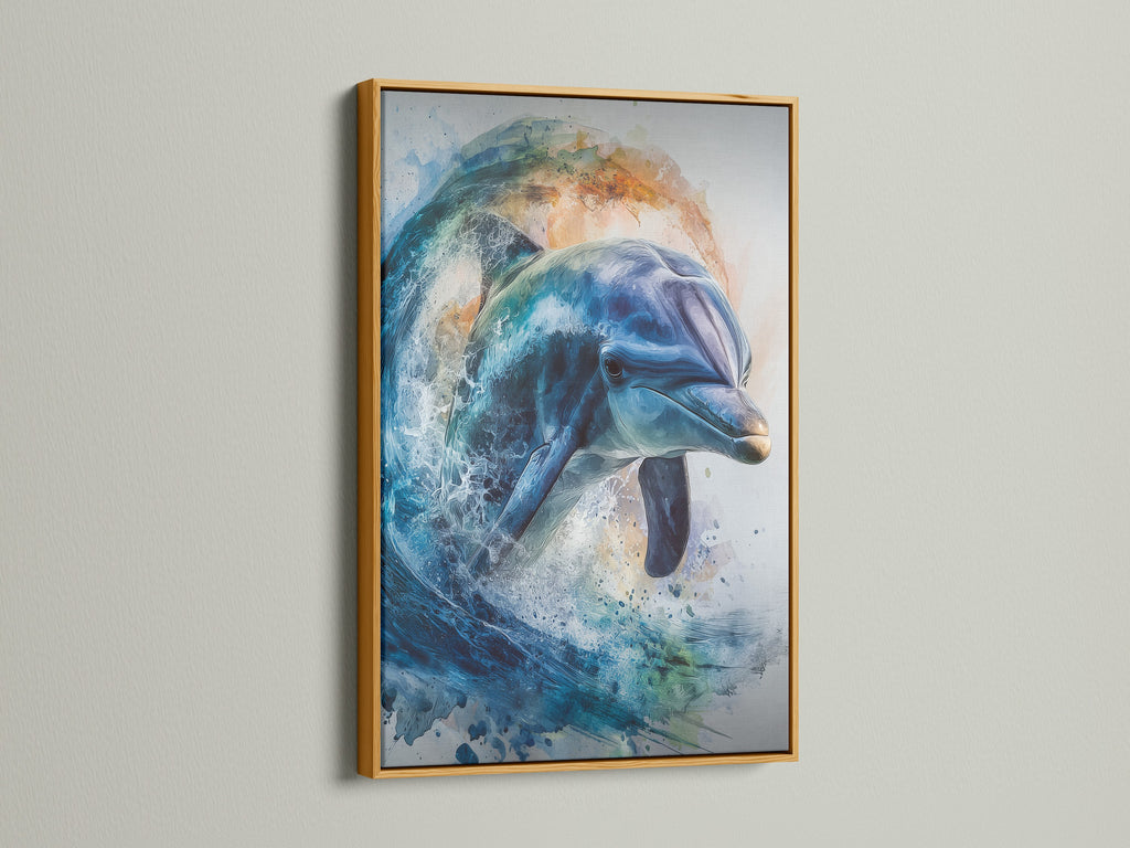 This is a gold frame. The framed dolphin artwork adds luxury to the artwork. The gold frame complements the artwork. A statement piece for your home. Discover framed artworks today