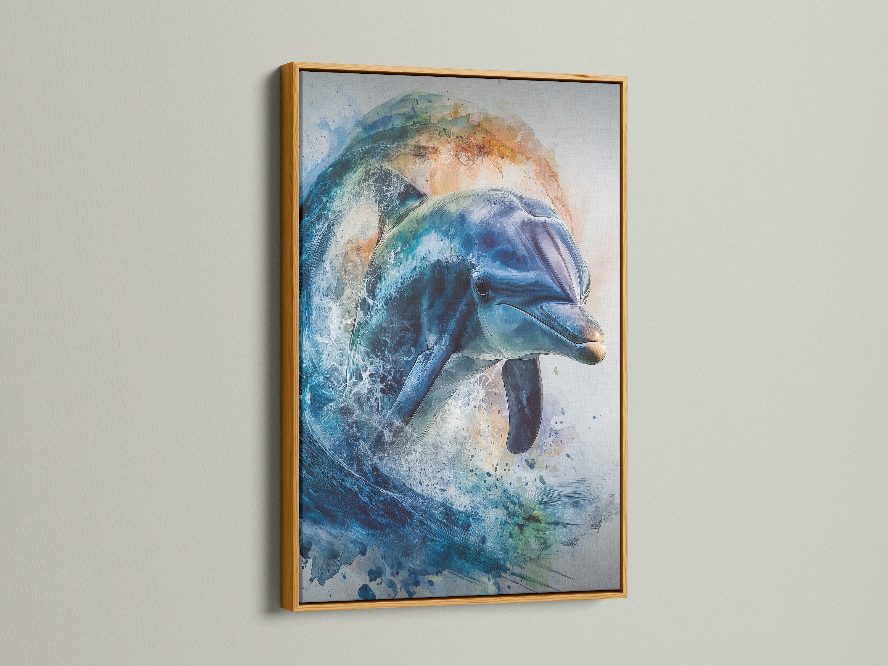 This is a gold frame. The framed dolphin artwork adds luxury to the artwork. The gold frame complements the artwork. A statement piece for your home. Discover framed artworks today