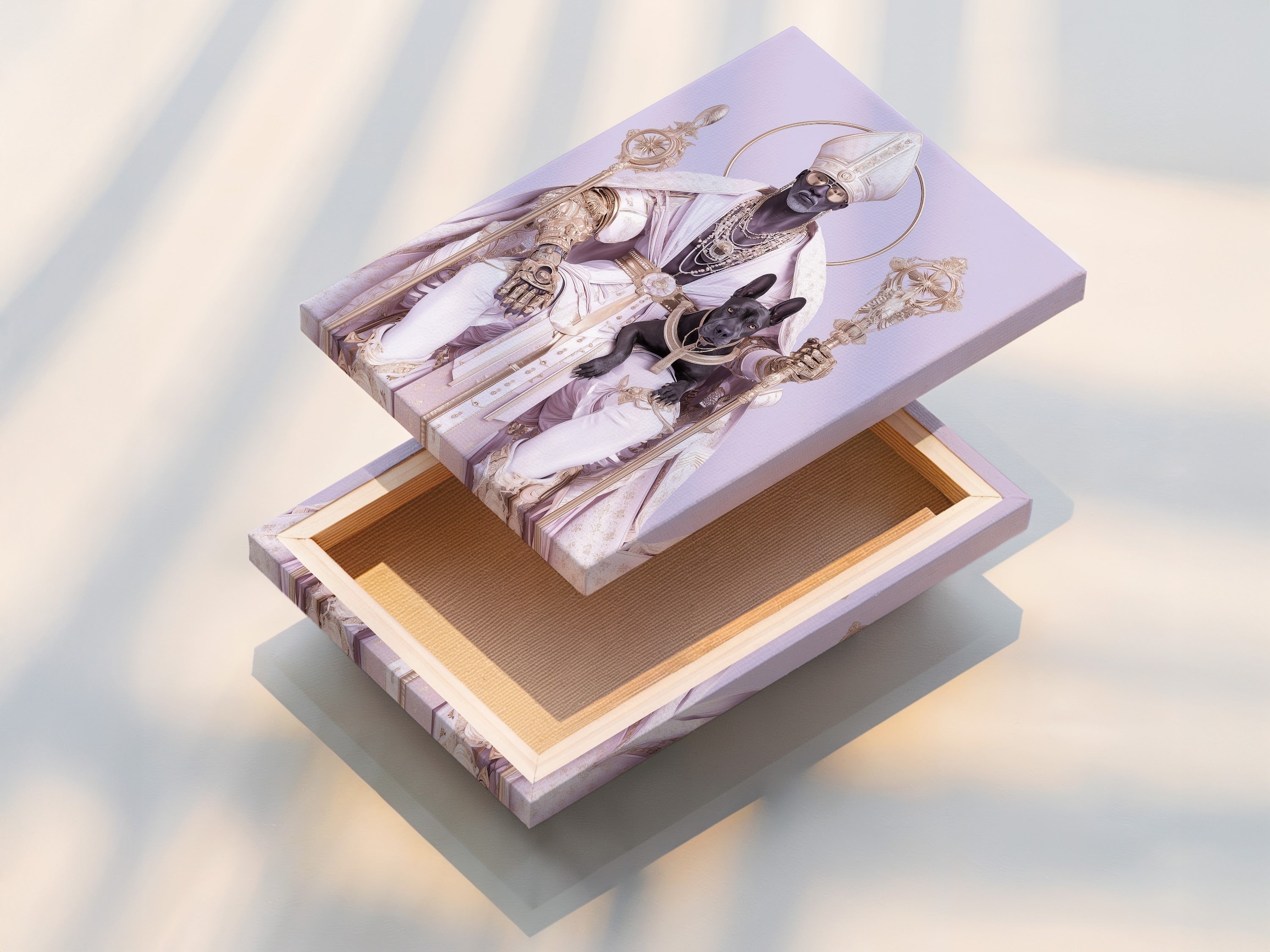 A stretched canvas print displays religious artwork of Saint Nicholas. The contemporary piece combines gold and purple hues. This orthodox icon canvas print is perfect for adding spiritual elegance to home chapel decor or any space seeking distinctive wall art