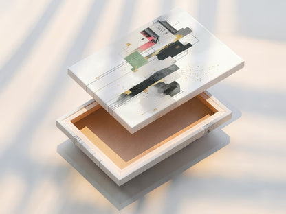 A stretched canvas print displays an abstract cityscape artwork. The modern architecture wall art enhances any space. This geometric building artwork is perfect for office decor. The minimalist art features neutral tones and subtle gold accents. Discover the beauty of this contemporary art for your home or office. Ideal for scandi decor enthusiasts seeking urban art prints.