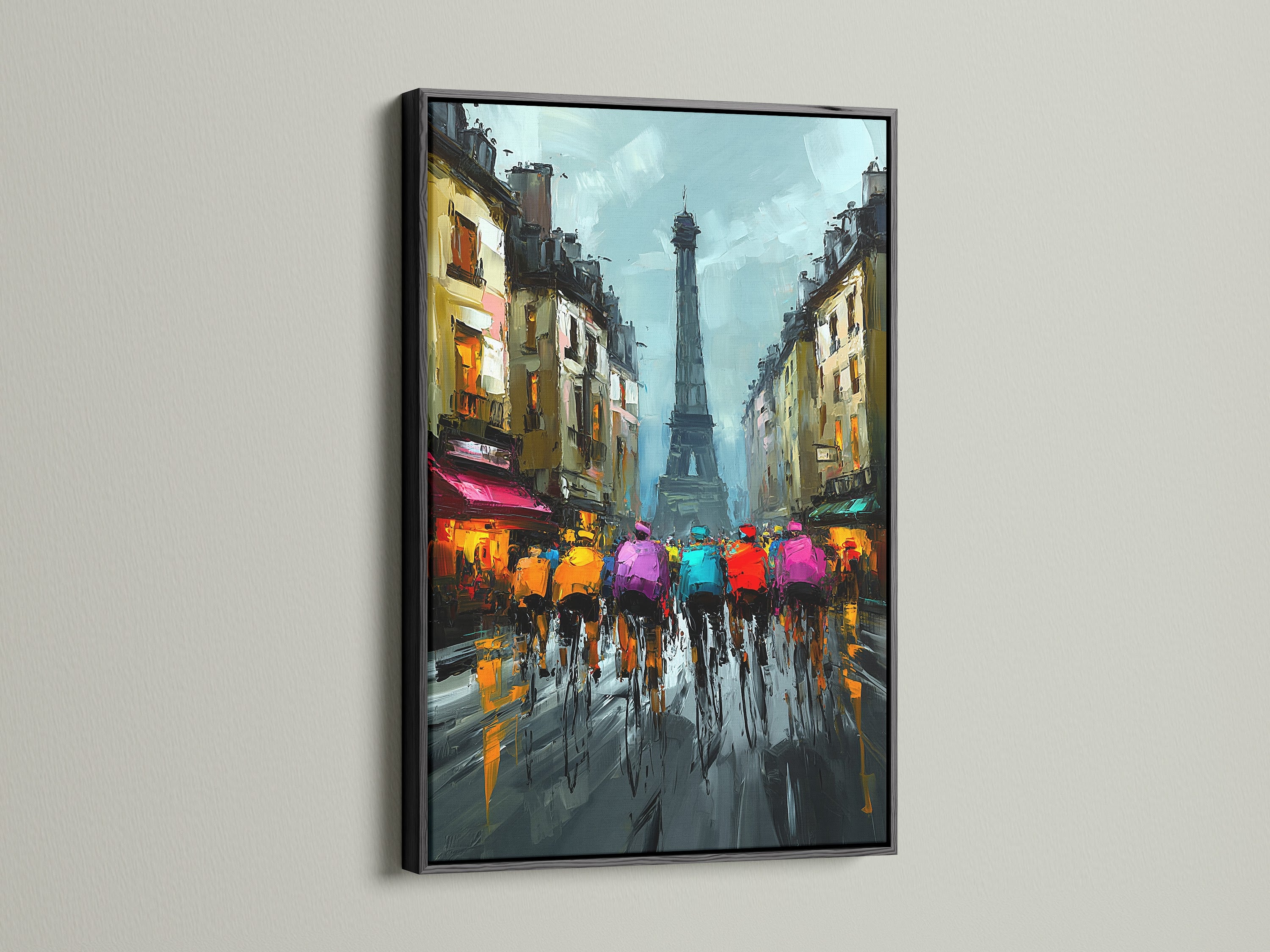 Artwork of cyclists riding in Paris with the Eiffel Tower in a black frame. The black frame adds a touch of sophistication to this artwork. The painting brings Parisian vibes to any room. Ideal for those who appreciate fine art and iconic landmarks. The contrast is striking.