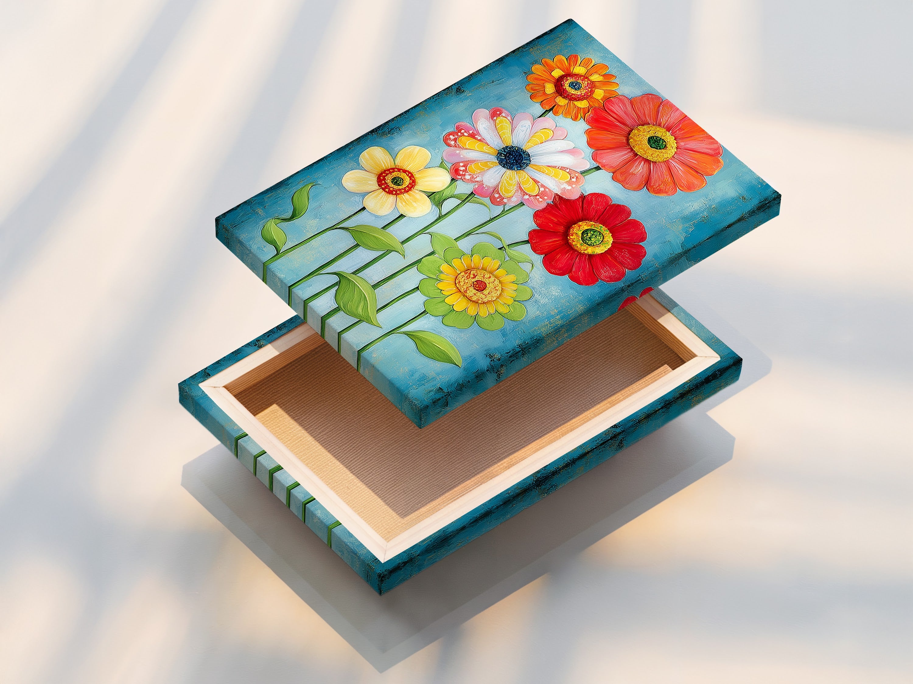 This image shows a stretched canvas print of the floral artwork. The colorful flower garden is ready to hang. It's a modern botanical print for easy wall decoration. The stretched canvas provides a clean and professional look. Great for living rooms or clinics.