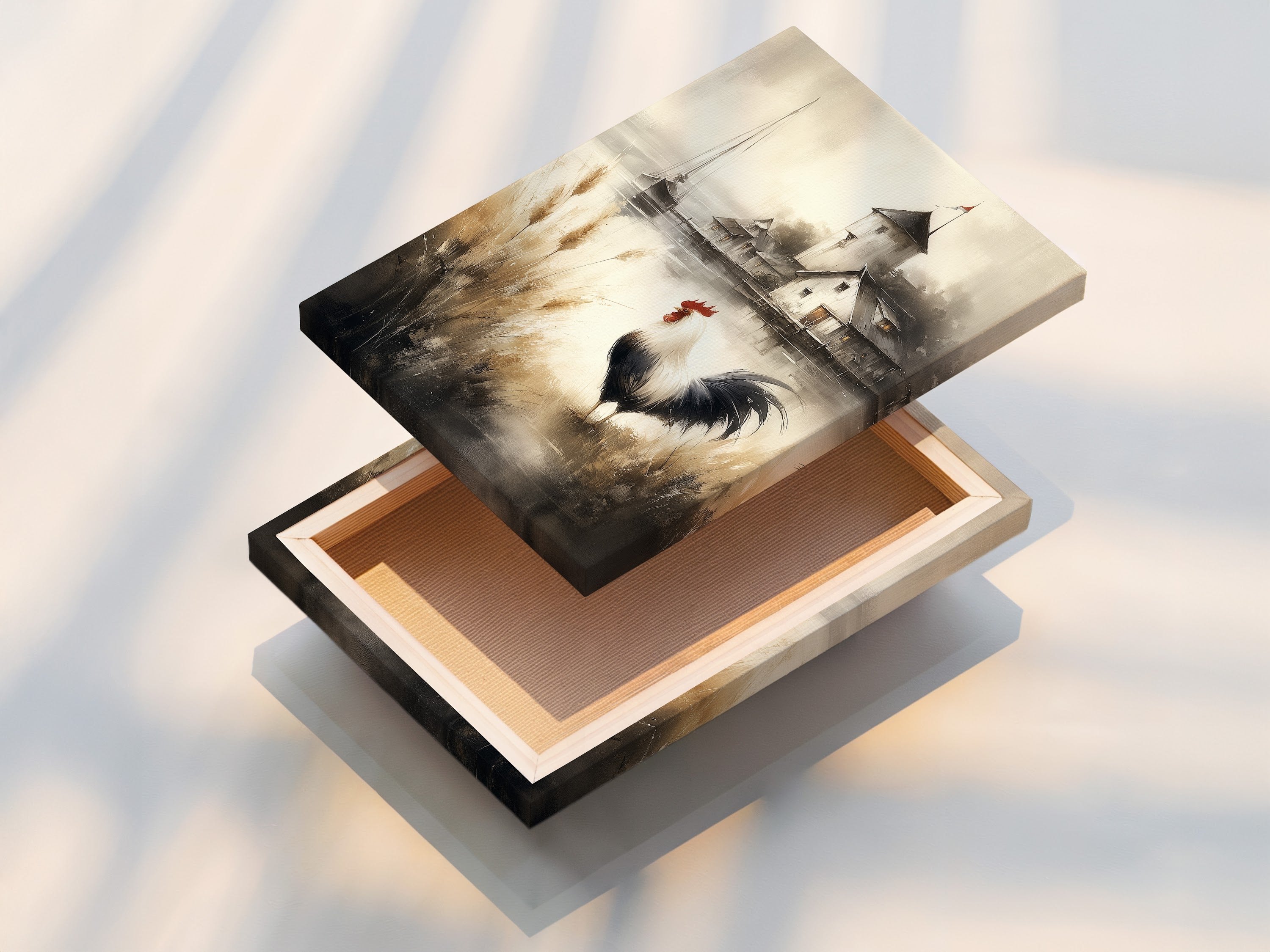 A stretched canvas print featuring rooster artwork. This farmhouse decor adds rustic charm. The vintage watercolor painting enhances any room. It's perfect country kitchen art. The rural landscape brings nature inside.